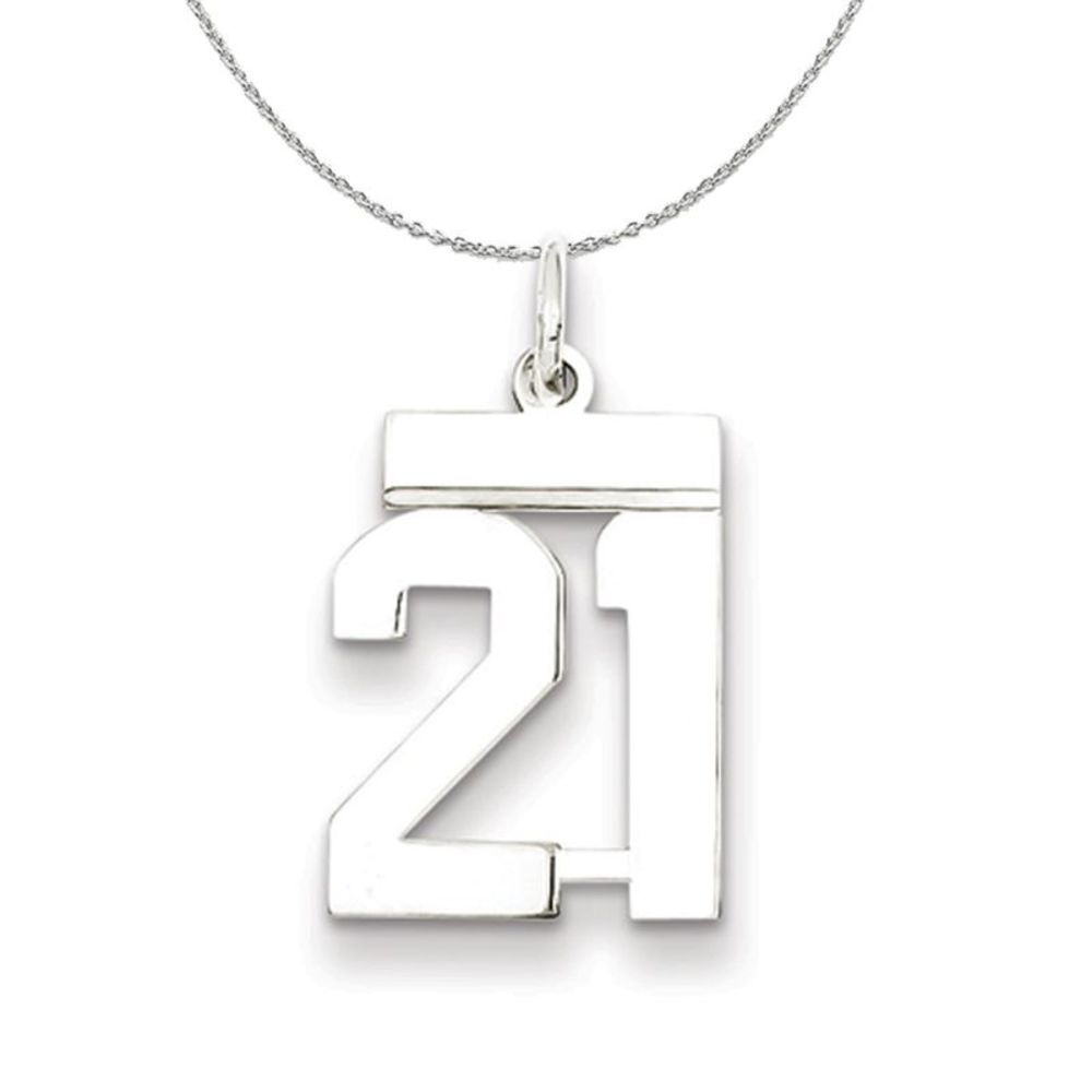 Silver, Athletic Collection Medium Polished Number 21 Necklace - 16 In